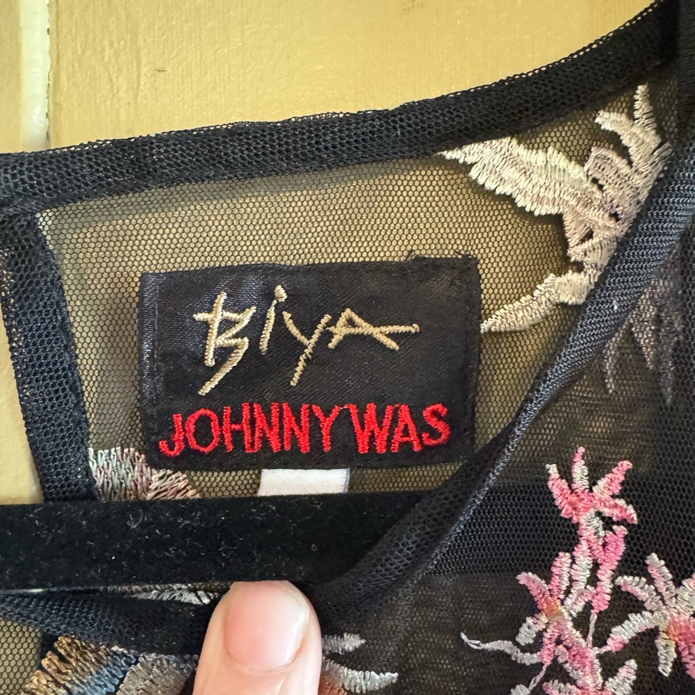 Johnny Was Black Mesh Top with Pink and Cream Embroidery Biya